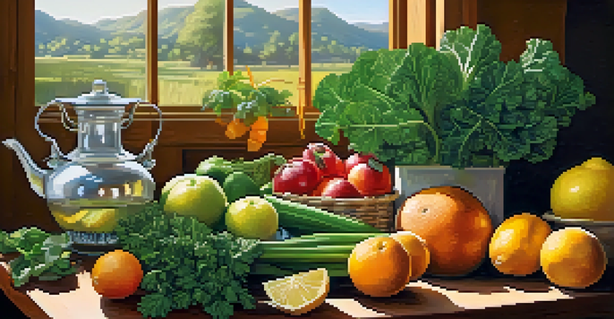 A wooden table filled with fresh fruits and vegetables with sunlight filtering through a window, a clear glass teapot with herbal tea in the background.