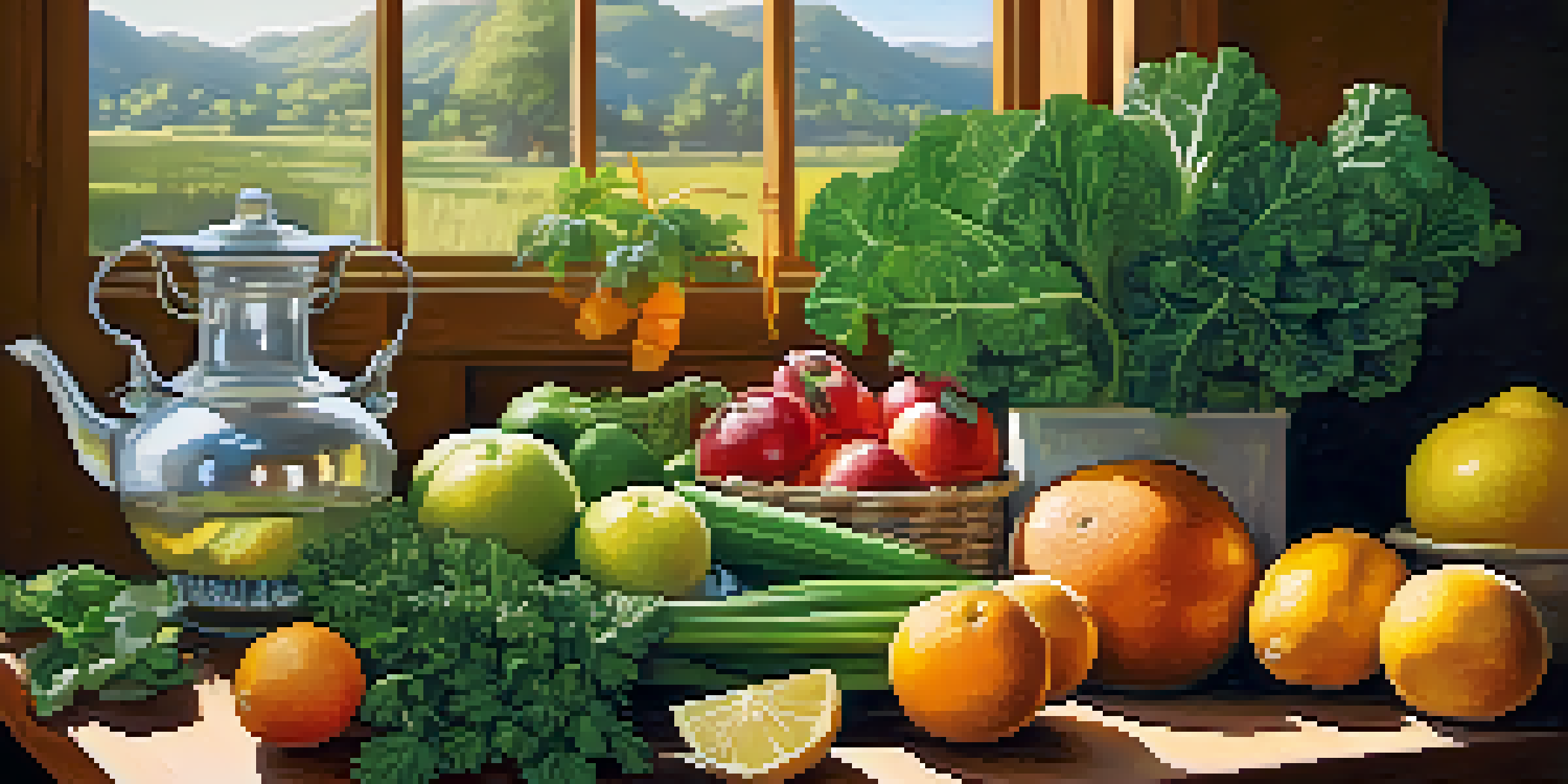 A wooden table filled with fresh fruits and vegetables with sunlight filtering through a window, a clear glass teapot with herbal tea in the background.