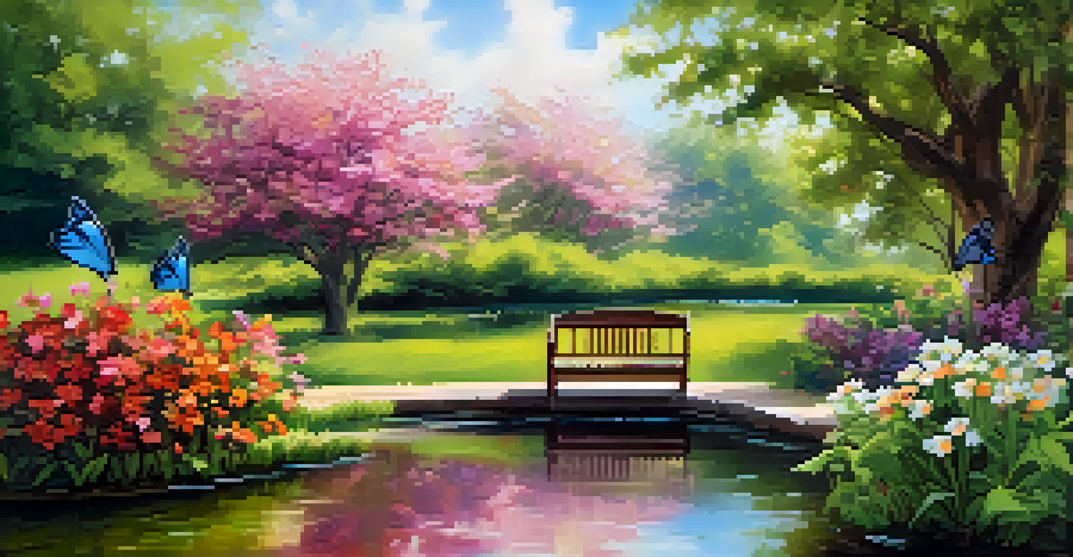 A beautiful garden with blooming flowers, a reflecting pond, and a cozy bench under a tree, creating a peaceful environment.