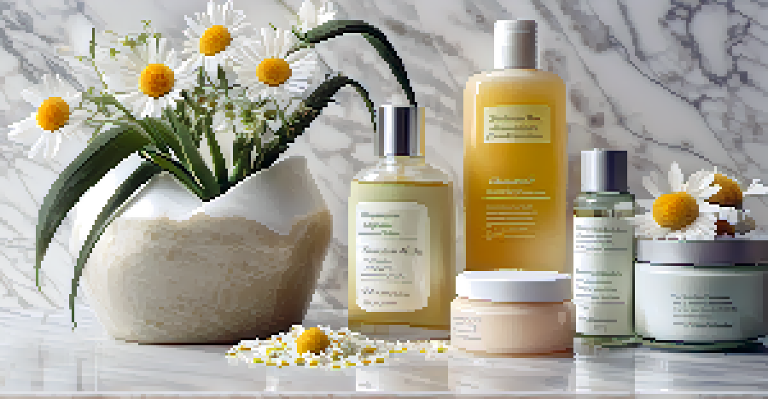 An arrangement of herbal skincare products and plants on a marble countertop with gentle lighting.
