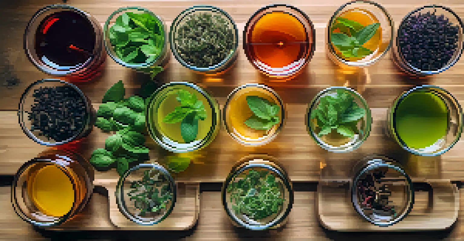 Clear glass cups with herbal teas and fresh herbs on a wooden table, illuminated by warm natural light.