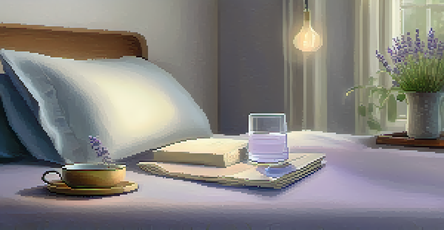 A cozy bedroom setup with a neatly made bed, chamomile tea, lavender flowers, and a sleep journal on the bedside table.