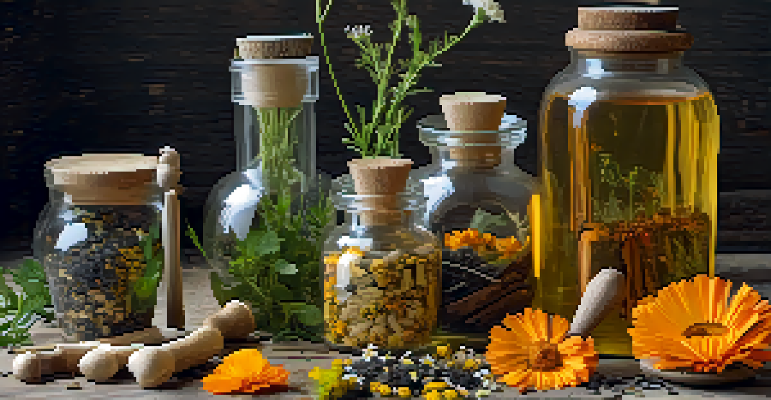 An artistic display of herbal remedies including calendula, chamomile, and licorice root on a wooden table.