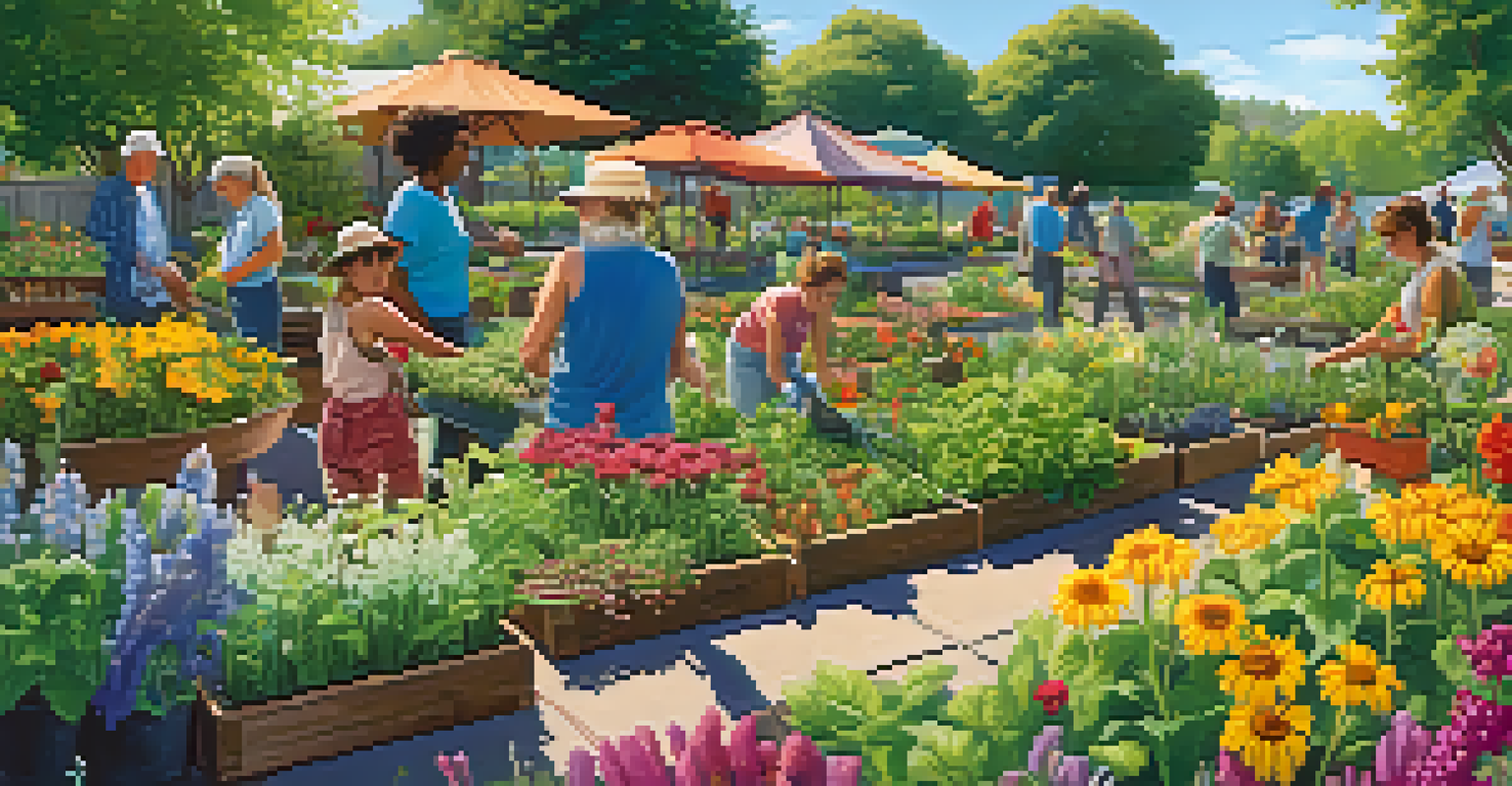 A community garden bustling with people tending to plants and flowers, creating a sense of community and collaboration.