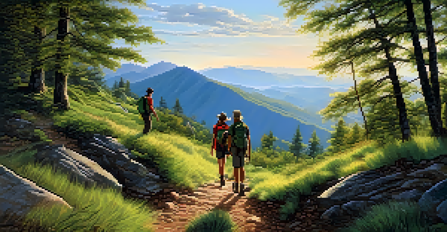 A group of friends hiking on a mountain trail, surrounded by vibrant nature and blue skies.