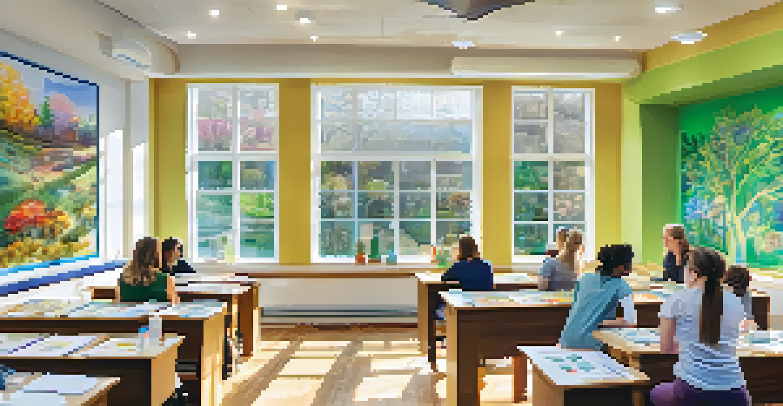 A bright and colorful naturopathic classroom with students engaged in learning about holistic health.