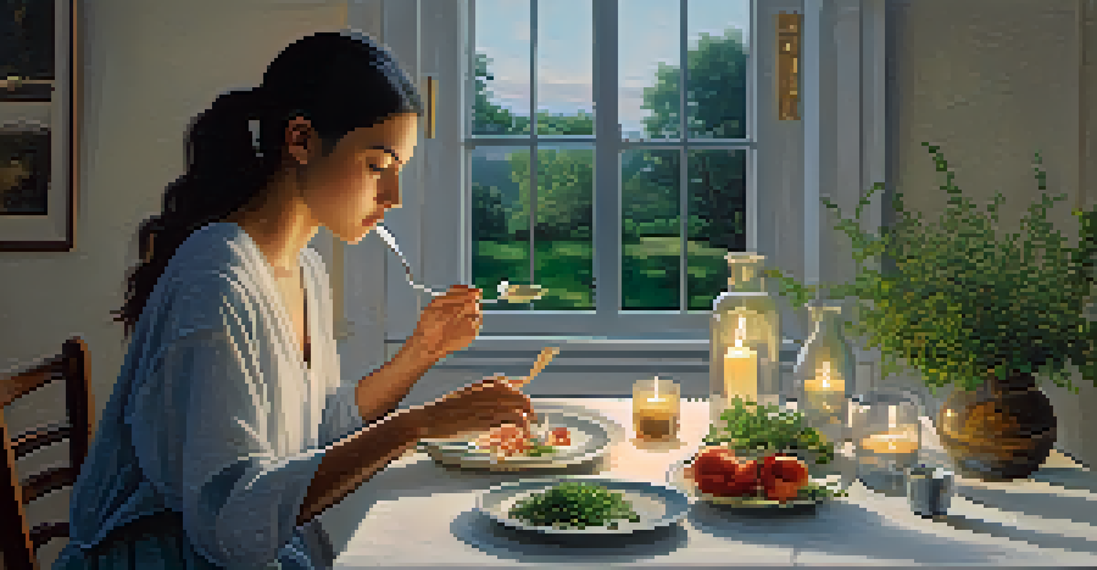 A person enjoying a simple healthy meal at a calm dining table with a candle and fresh herbs, embodying the practice of mindful eating.