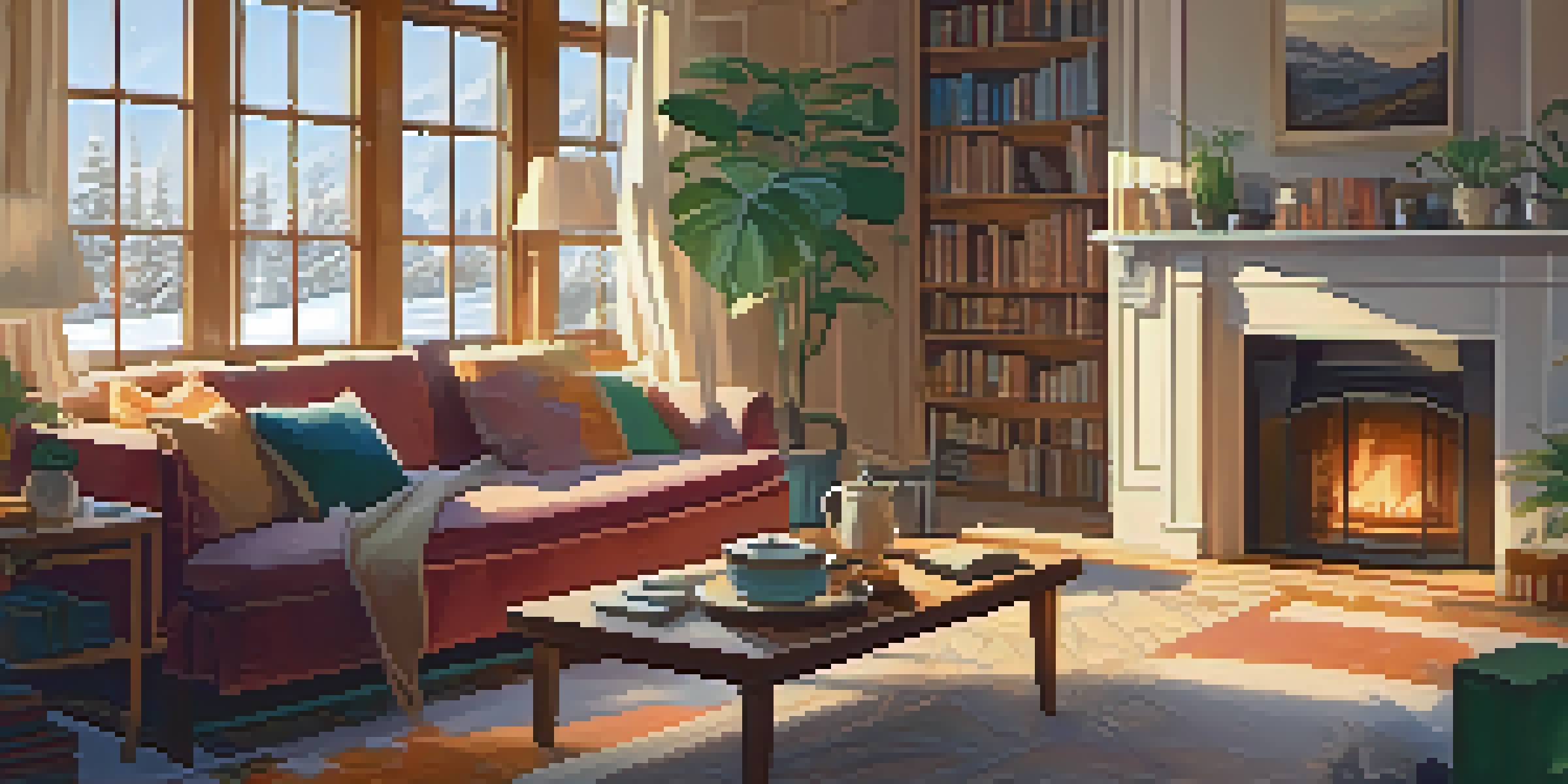 A warm and inviting living room with a person relaxing on a sofa, surrounded by winter scenery visible through a window.
