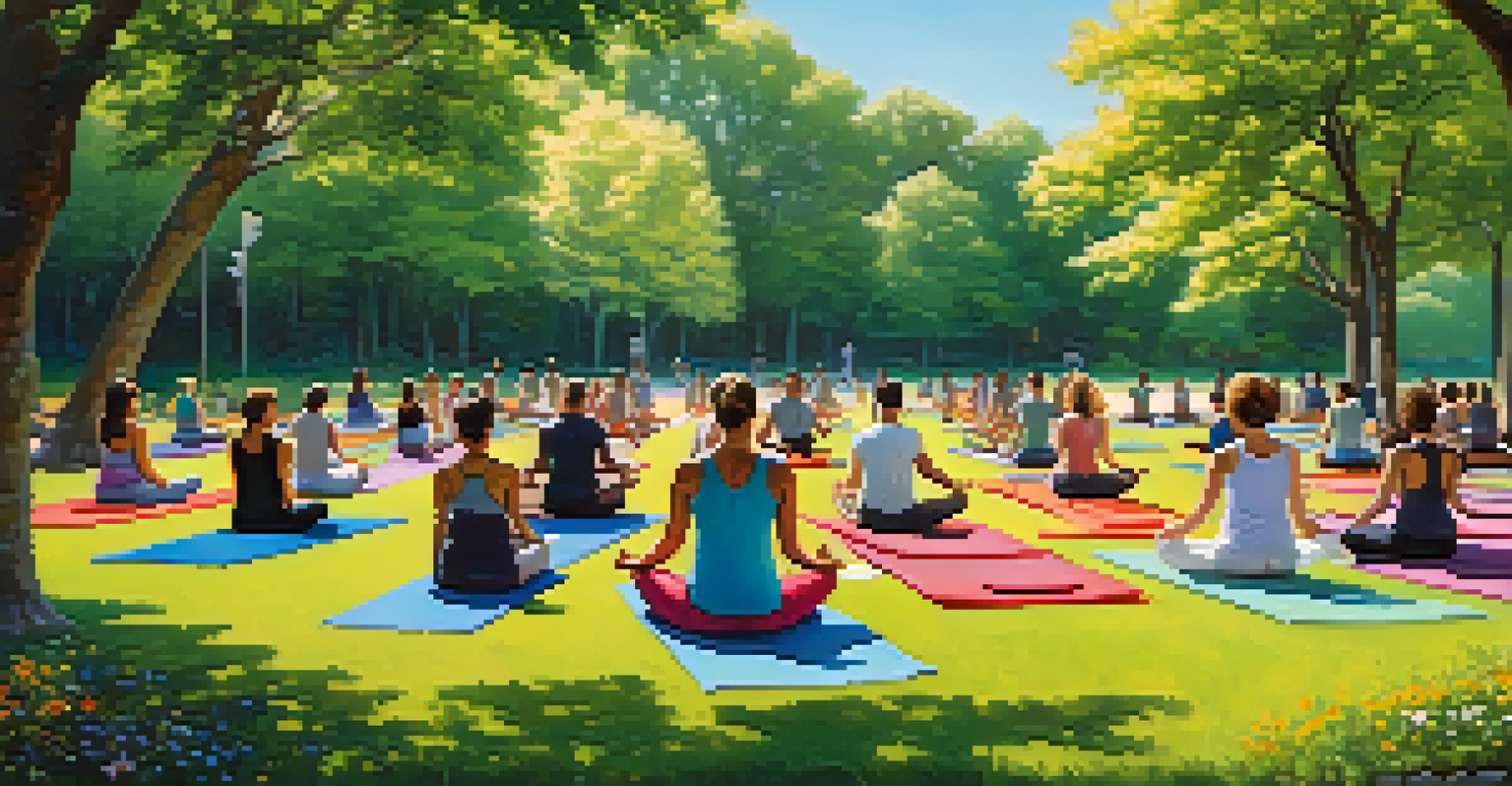 A diverse group of people practicing yoga in a park, surrounded by greenery and colorful flowers under a blue sky.