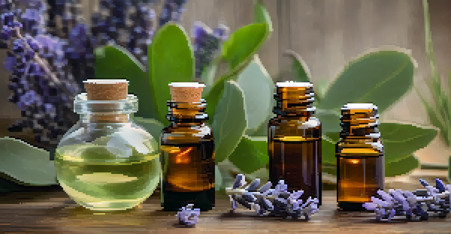 Close-up of essential oils on a wooden table, with eucalyptus and lavender in focus and a blurred background of green leaves.