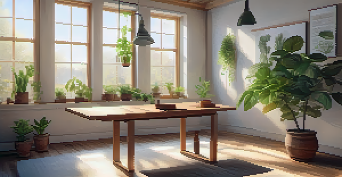A calm room with a wooden table displaying herbal remedies and a potted plant, illuminated by soft sunlight through a window.
