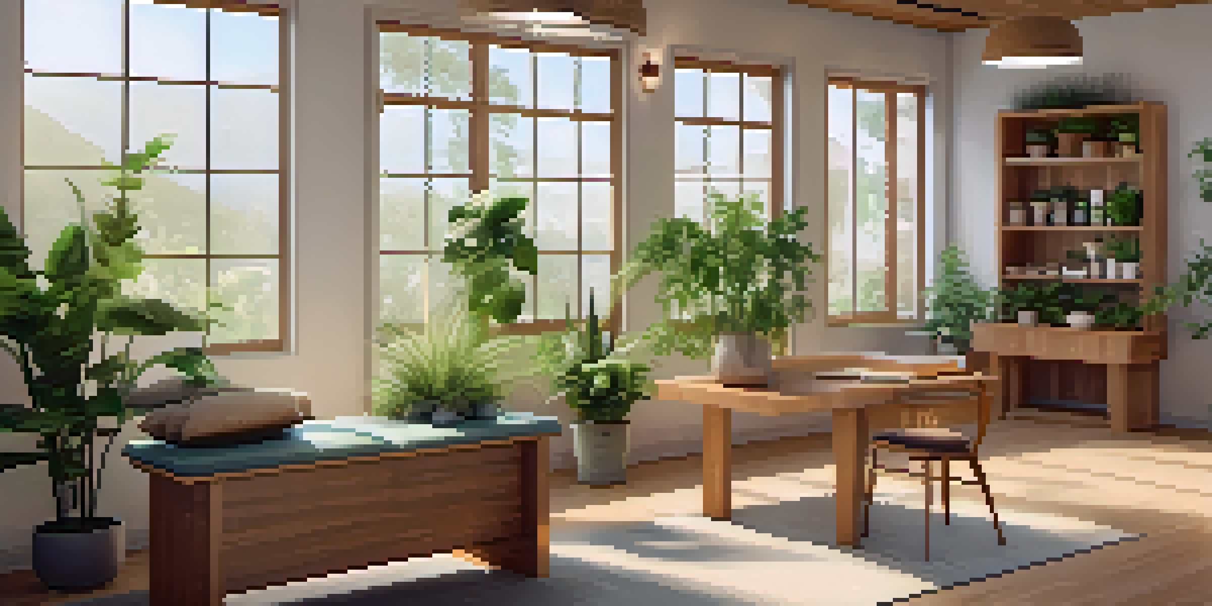 A peaceful naturopathic clinic with wooden furniture and plants, where a practitioner and a patient are discussing treatment plans.