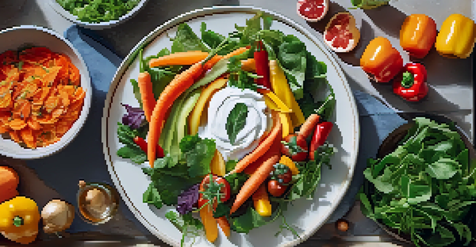 A close-up of a healthy plate filled with colorful fruits and vegetables, garnished with herbs and yogurt, under soft natural lighting.