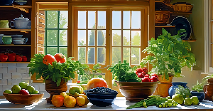 A kitchen with a wooden table full of colorful fruits and vegetables, illuminated by sunlight, with a potted herb plant in the corner.