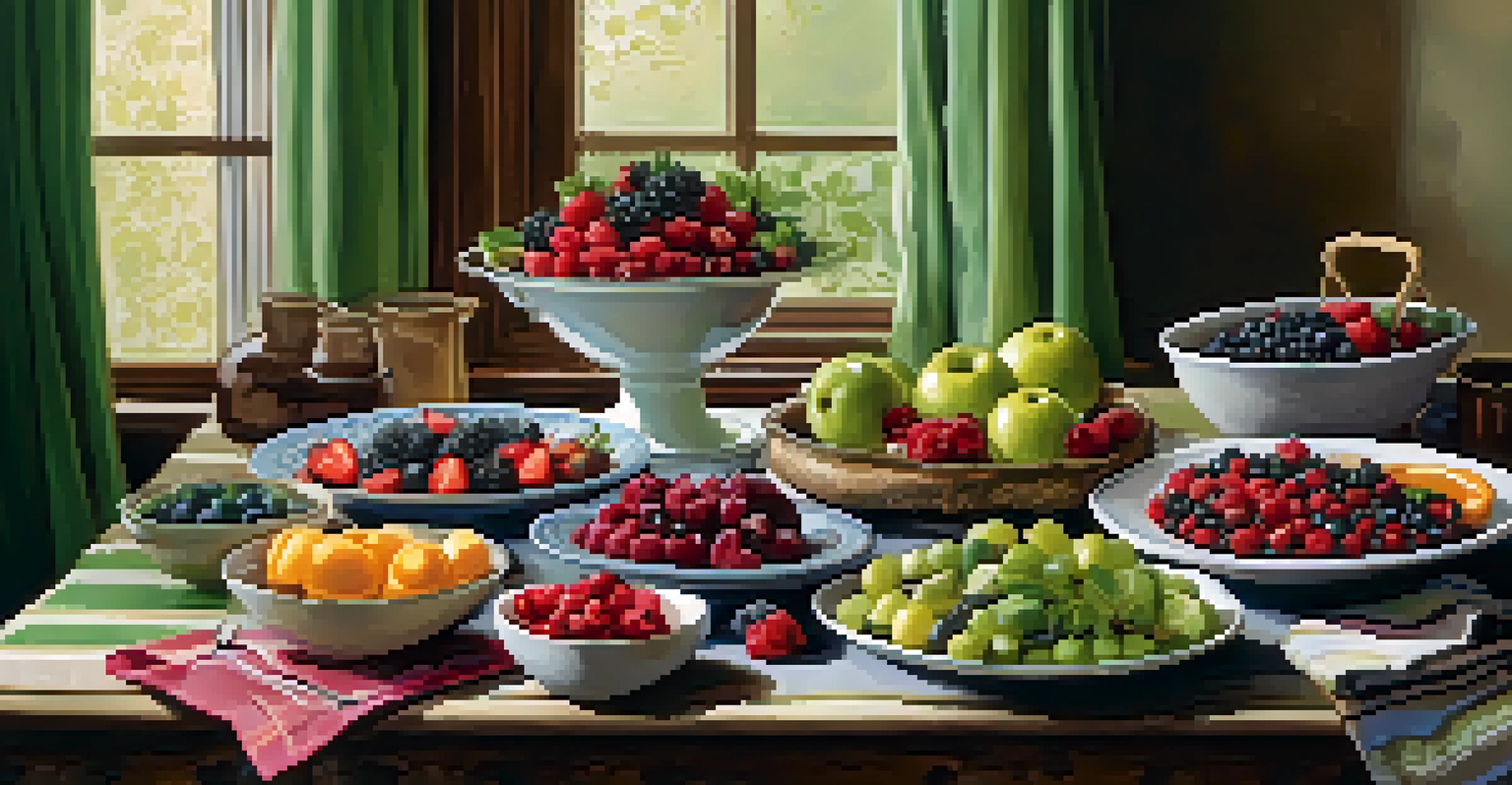A table set with colorful dishes of antioxidant-rich foods, including berries and dark chocolate, in a cozy setting.