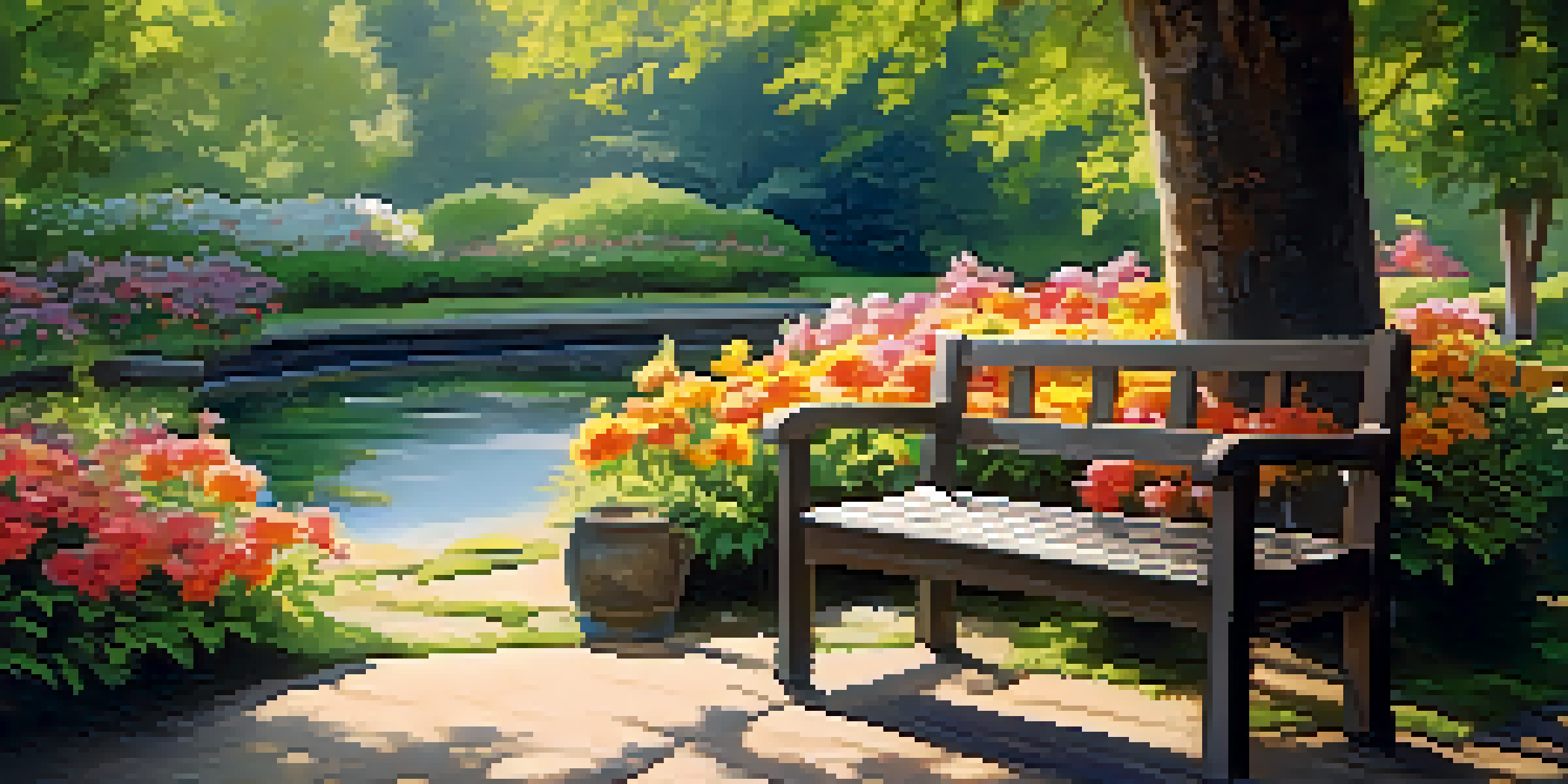 A peaceful garden filled with colorful flowers and sunlight filtering through the trees, featuring a wooden bench for relaxation.