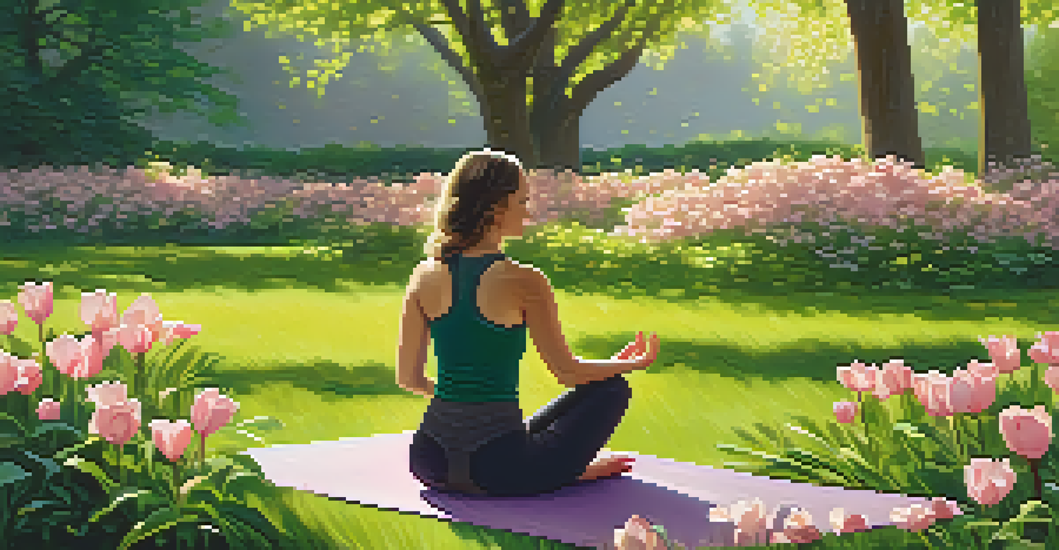A person practicing yoga on a mat in a sunny park with blooming flowers and tall trees.
