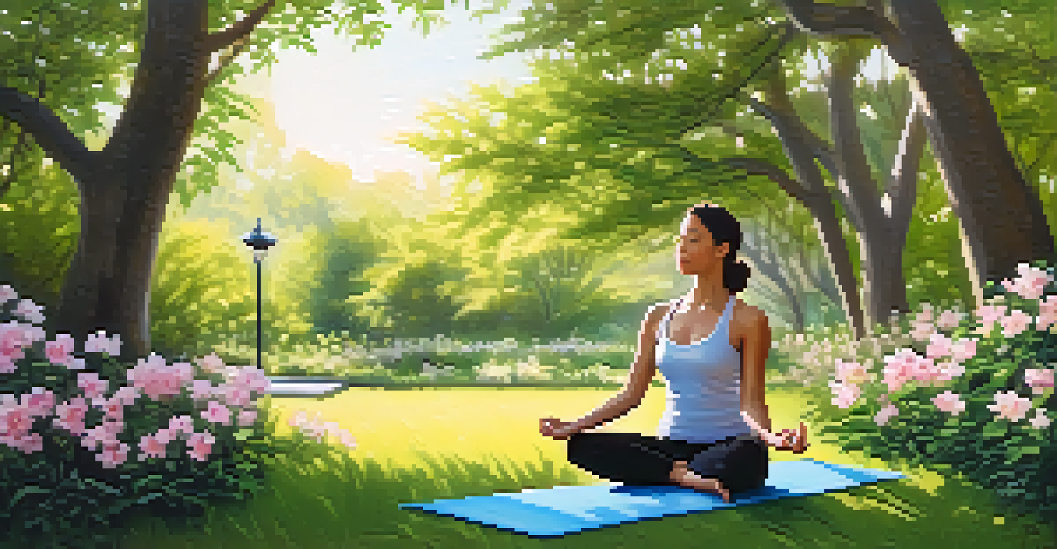 A person practicing yoga in a peaceful park surrounded by greenery and flowers, promoting relaxation and well-being.