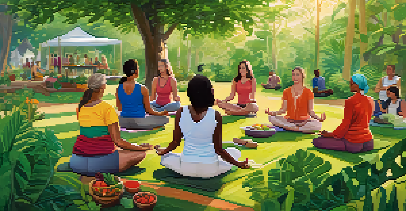 A diverse group of people enjoying a naturopathy workshop outdoors, engaged in yoga and cooking healthy meals.