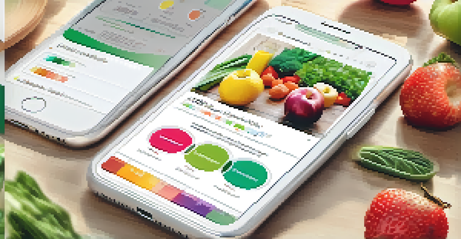 A smartphone with a nutrition tracking app on the screen, surrounded by fresh fruits and vegetables.