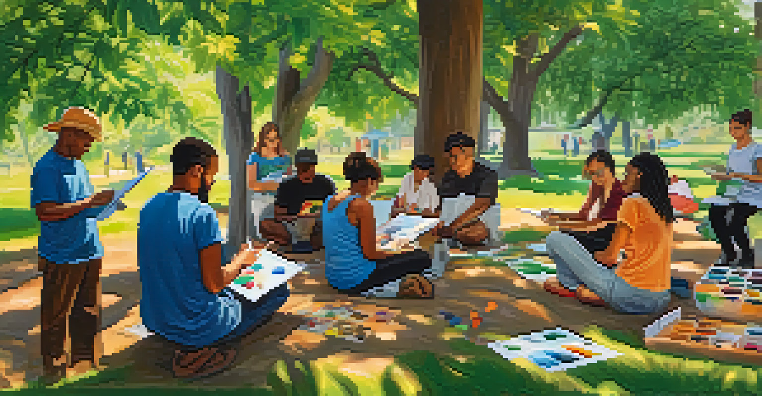 A diverse group of individuals participating in a community art therapy workshop outdoors, engaging in various artistic activities.