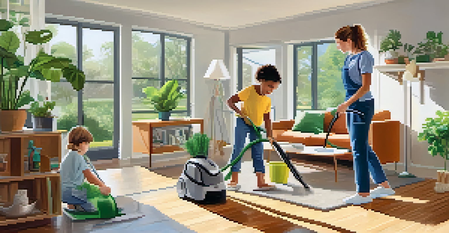 A family cleaning their home together, with parents vacuuming and a child watering indoor plants in a bright living room.