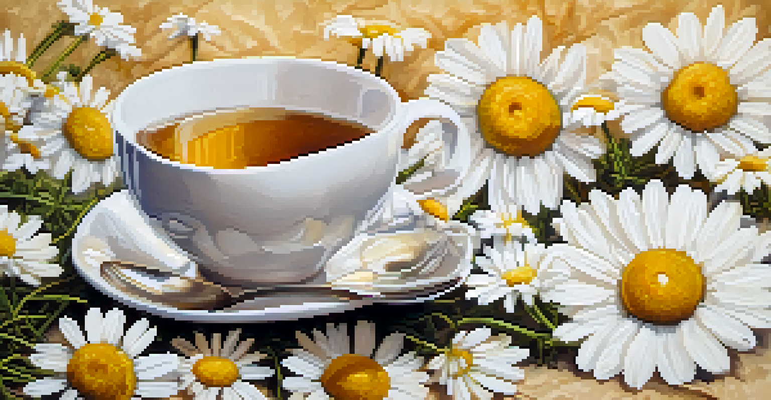 A close-up of a chamomile tea cup, loose chamomile flowers, and a teaspoon on a soft fabric background.