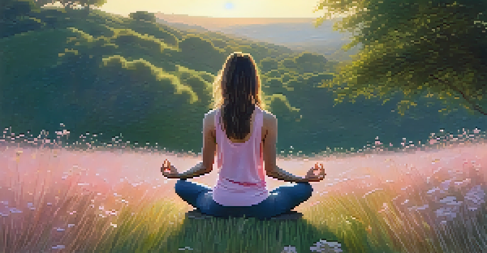 A person practicing yoga on a hillside during sunrise, surrounded by flowers and grass, with a colorful sky.