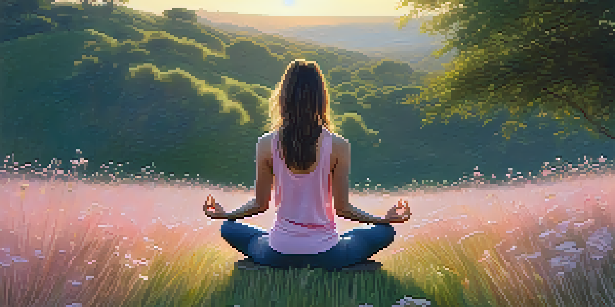 A person practicing yoga on a hillside during sunrise, surrounded by flowers and grass, with a colorful sky.
