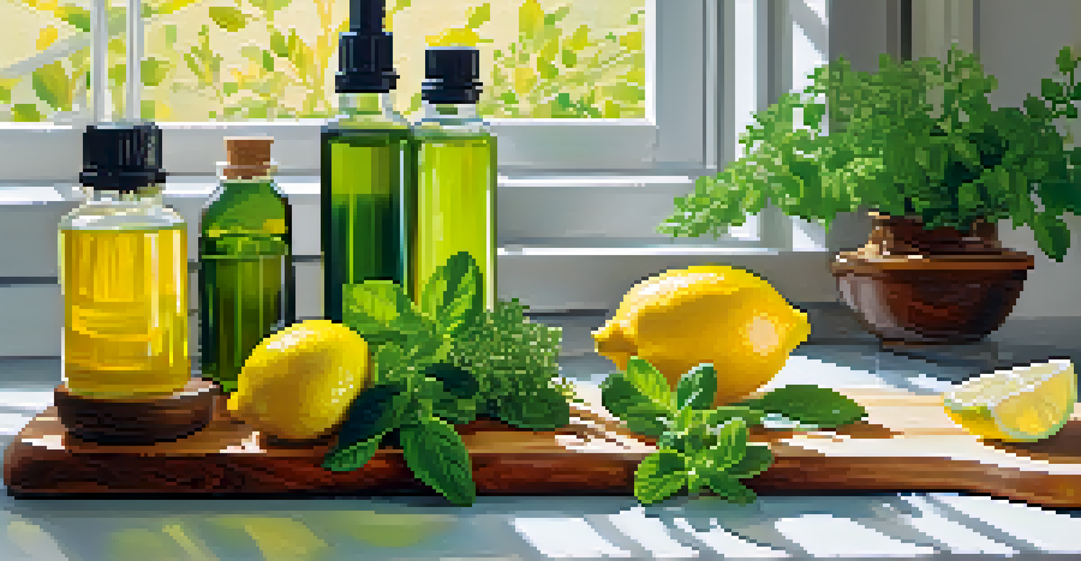 A kitchen countertop with various essential oils, fresh herbs, and fruits, including a prominently displayed bottle of lemon oil.
