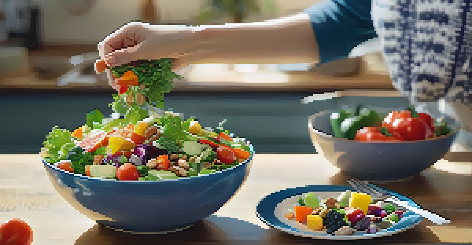 A colorful salad bowl filled with vegetables and nuts, with a person reaching for a fork in a sunlit kitchen.