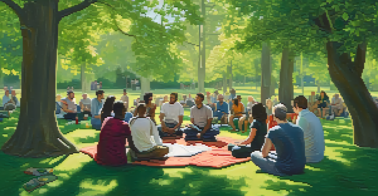A group of individuals sitting in a circle in a park, participating in therapy and discussion, surrounded by nature.