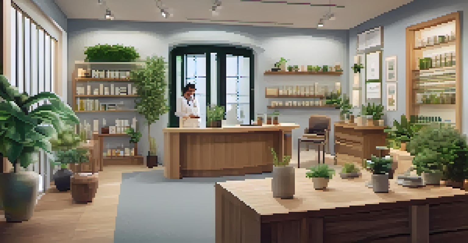 A cozy wellness clinic interior with plants, homeopathic books, and a practitioner consulting with a patient.