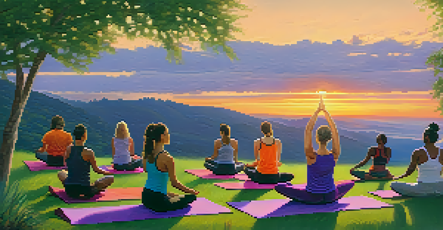 A group of people practicing yoga on a hilltop at sunset, with vibrant sky colors and a calm atmosphere.
