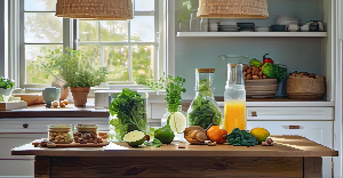 A bright kitchen table filled with fresh fruits, leafy greens, and a glass of infused water, bathed in soft natural light.