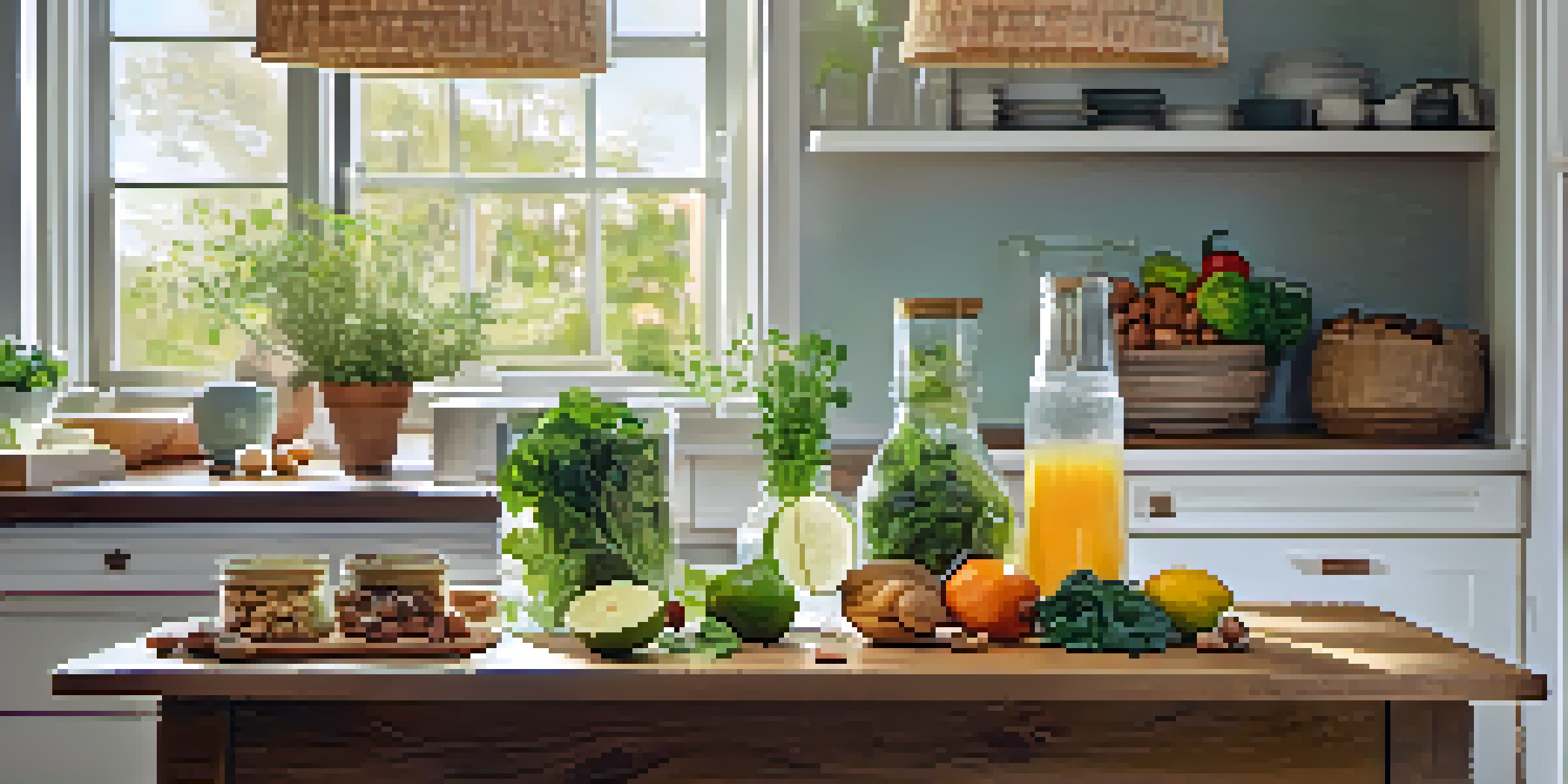 A bright kitchen table filled with fresh fruits, leafy greens, and a glass of infused water, bathed in soft natural light.