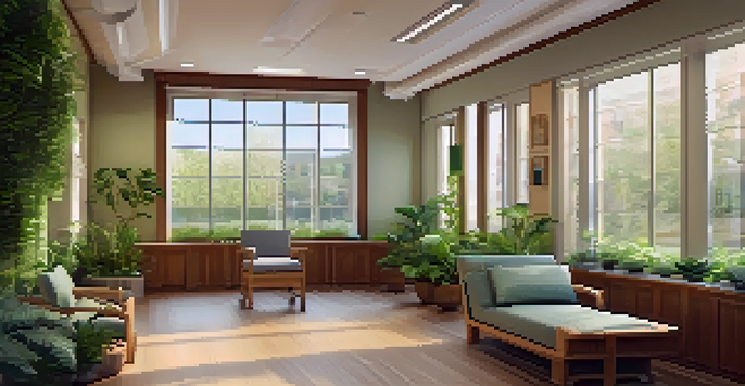 A tranquil naturopathic clinic with a patient meditating in a cozy chair surrounded by plants and natural light.