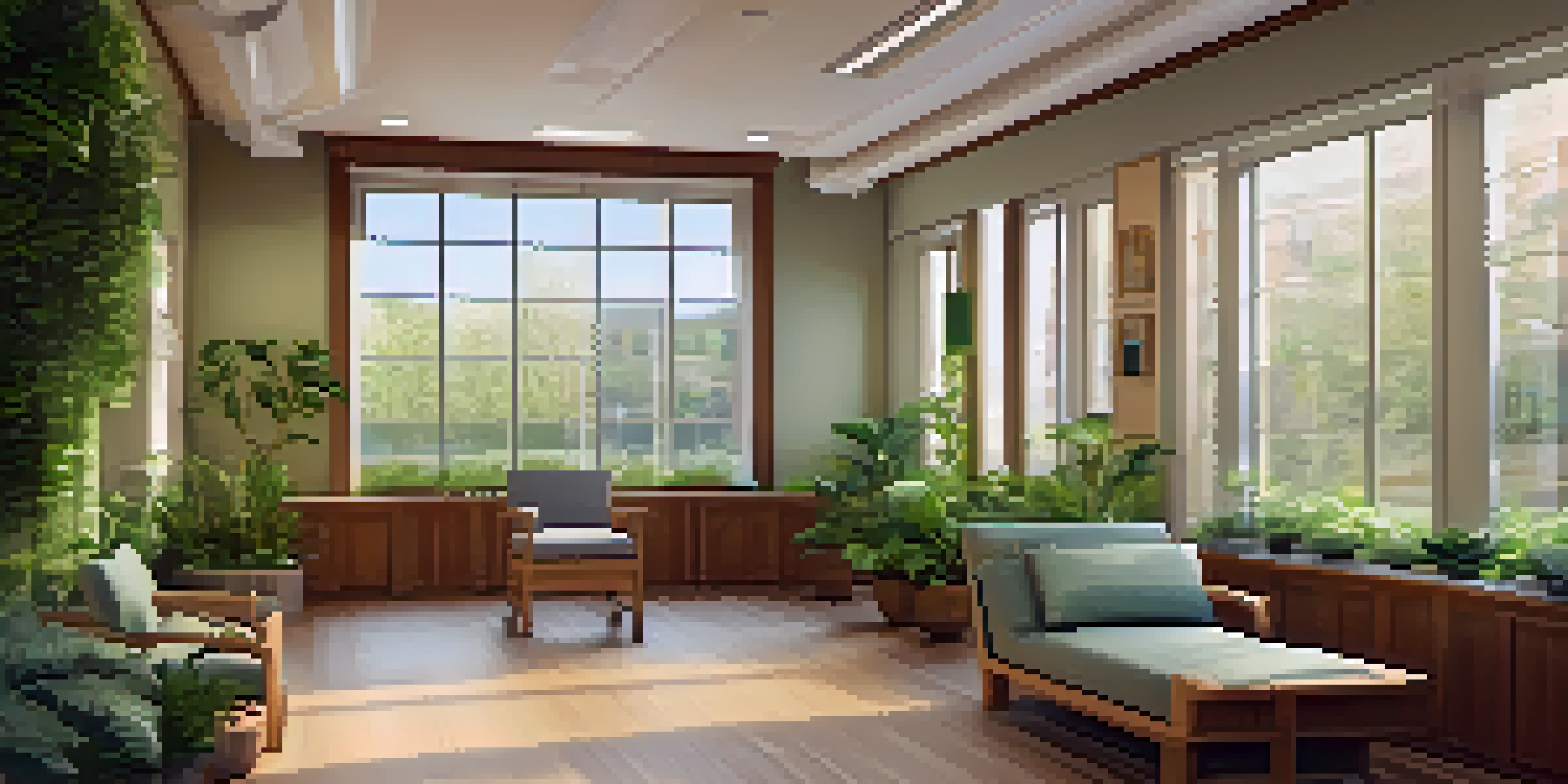 A tranquil naturopathic clinic with a patient meditating in a cozy chair surrounded by plants and natural light.