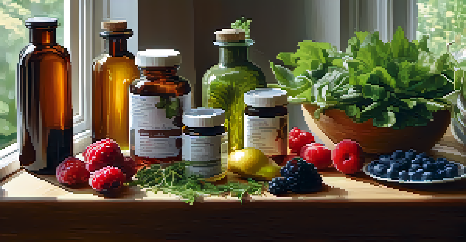 A display of herbal supplements and fresh produce on a wooden table, with a notebook and pen, illuminated by natural light.