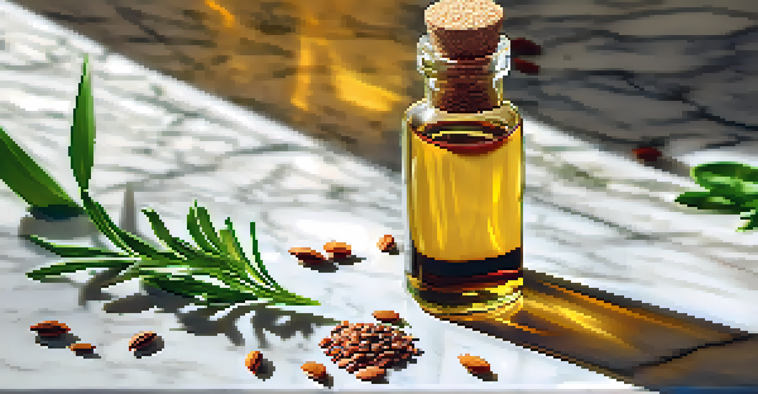 A close-up of a flaxseed oil bottle on a marble countertop, surrounded by flaxseeds and green leaves, illuminated by sunlight.