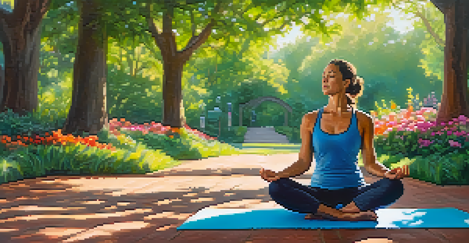 A person practicing deep breathing exercises in a sunlit park, sitting cross-legged on a yoga mat surrounded by greenery and blooming flowers.
