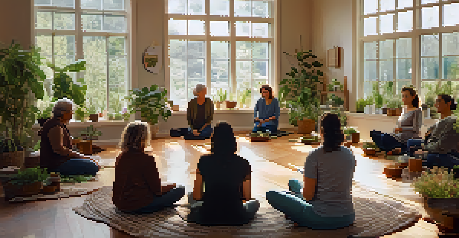 A group of individuals sharing their health experiences in a bright, cozy workshop surrounded by plants and herbal remedies.