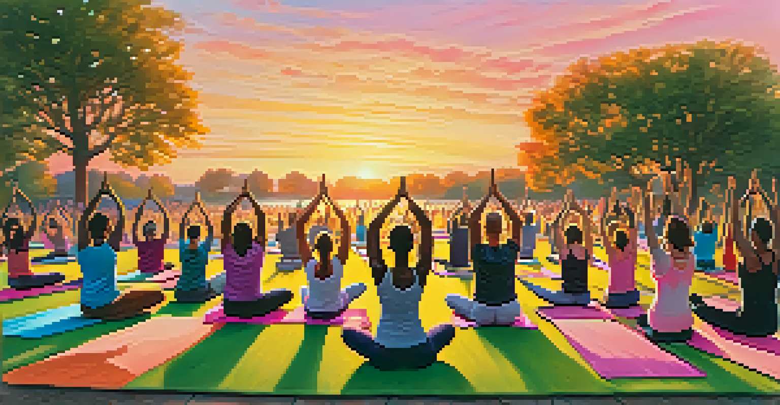 A diverse group of friends practicing yoga in a park at sunset, with colorful mats and a beautiful sky.