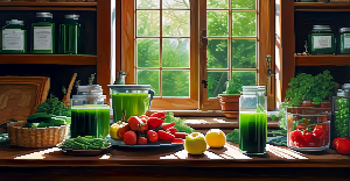A bright and inviting kitchen with fresh produce on a wooden table, including fruits and vegetables, and a glass of green juice, illuminated by sunlight.