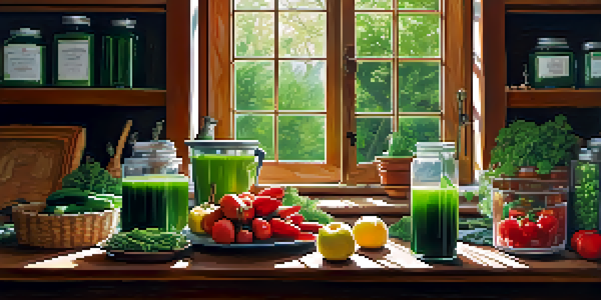 A bright and inviting kitchen with fresh produce on a wooden table, including fruits and vegetables, and a glass of green juice, illuminated by sunlight.