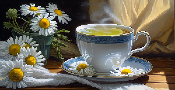 A cup of chamomile tea on a wooden table surrounded by fresh chamomile flowers, creating a calming atmosphere.