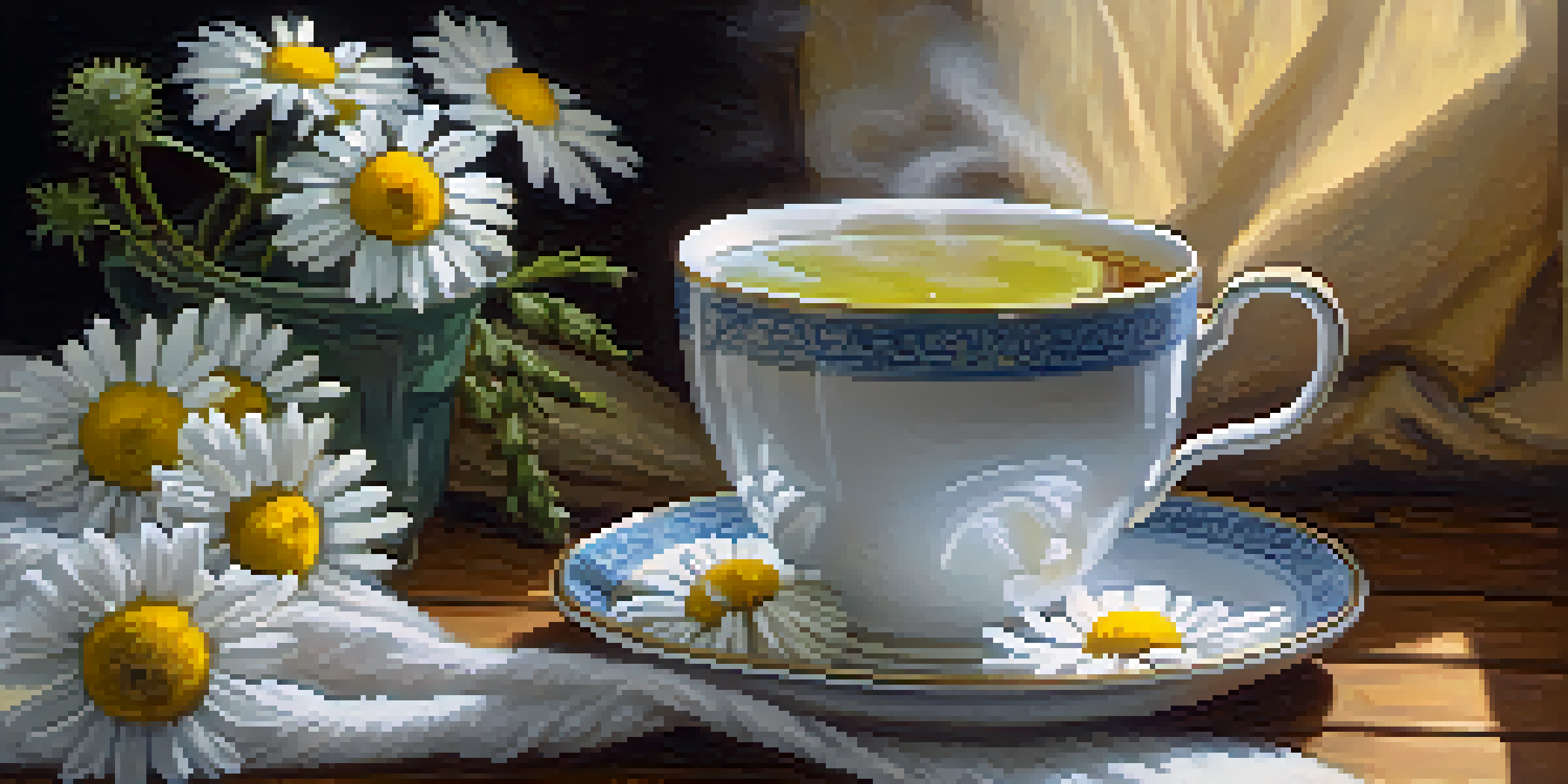 A cup of chamomile tea on a wooden table surrounded by fresh chamomile flowers, creating a calming atmosphere.