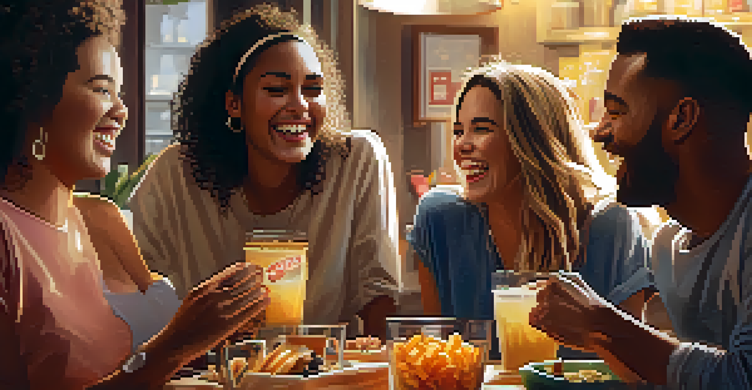A group of friends laughing and enjoying snacks and drinks together around a table in a cozy setting.