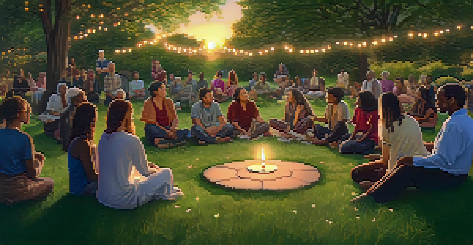 A group of people in a healing circle in a garden during sunset.