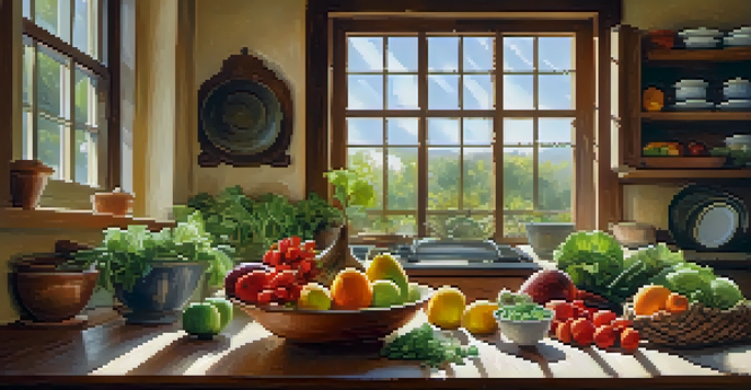 A bright kitchen with fresh fruits and vegetables on the counter, sunlight streaming through the window, and an open cookbook with notes.